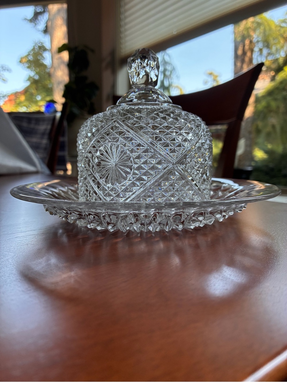 Fostoria Glass for Avon 1970’s Diamond Point Crystal Round Butter Dish with Dome